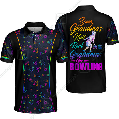 Custom Bowling Jersey Polo Shirt, Some Grandmas Bowl Real Grandmas Play Bowling Halloween Rainbow Pattern, Personalized Name And Team Name