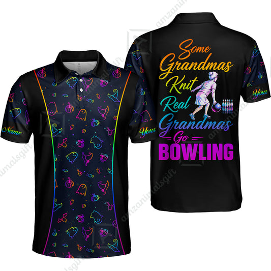 Custom Bowling Jersey Polo Shirt, Some Grandmas Bowl Real Grandmas Play Bowling Halloween Rainbow Pattern, Personalized Name And Team Name
