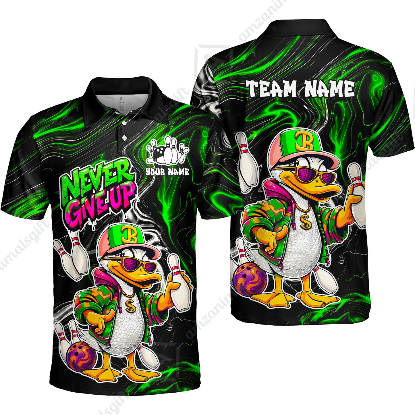 Custom Bowling Jersey Polo Shirt, Duck Never Give Up, Custom Bowling Jersey Team Shirt For Players With Name & Team Name