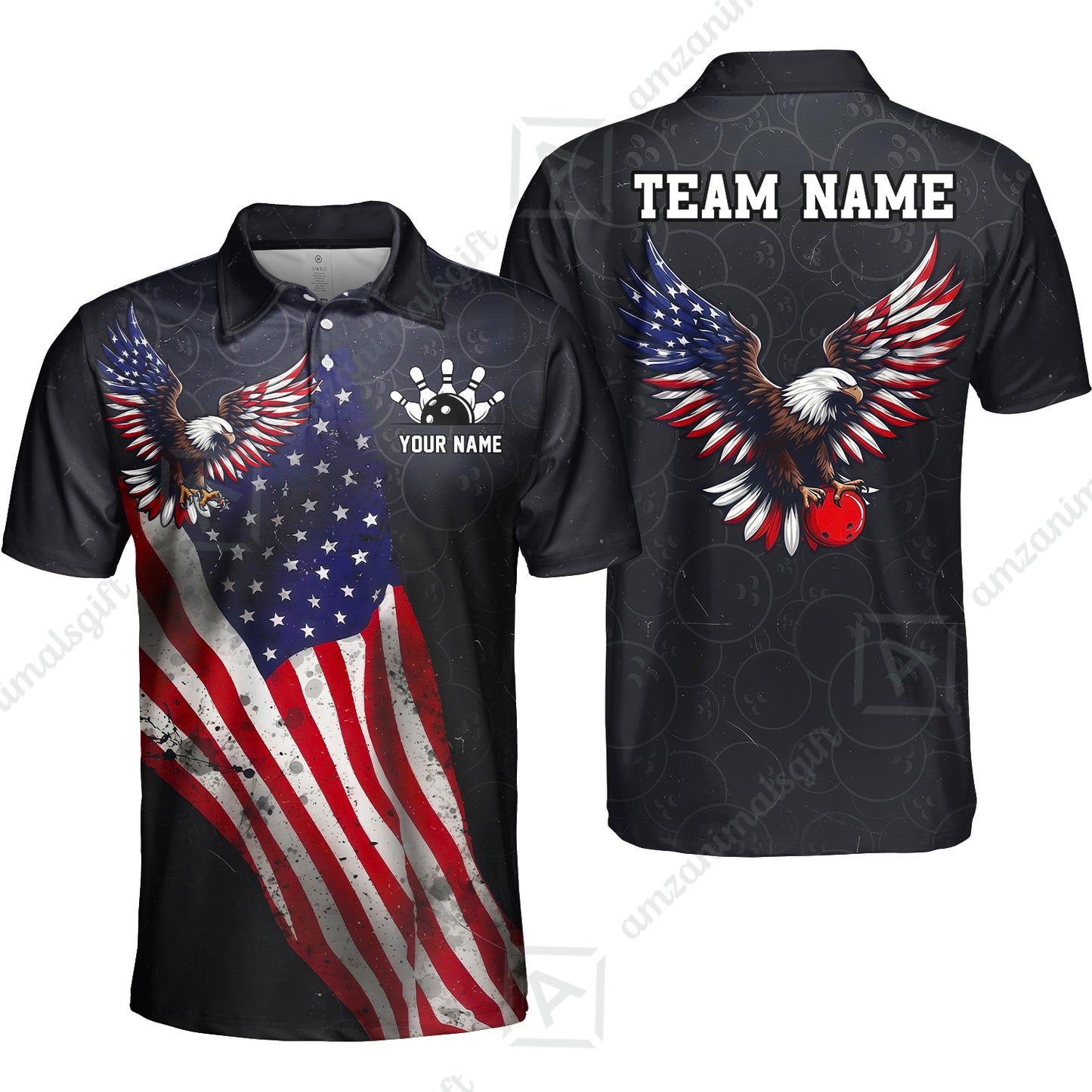 Custom Bowling Jersey Polo Shirt, USA Flag Draped Bald Eagle Strike, Custom Bowling Jersey Team Shirt For Players With Name & Team Name