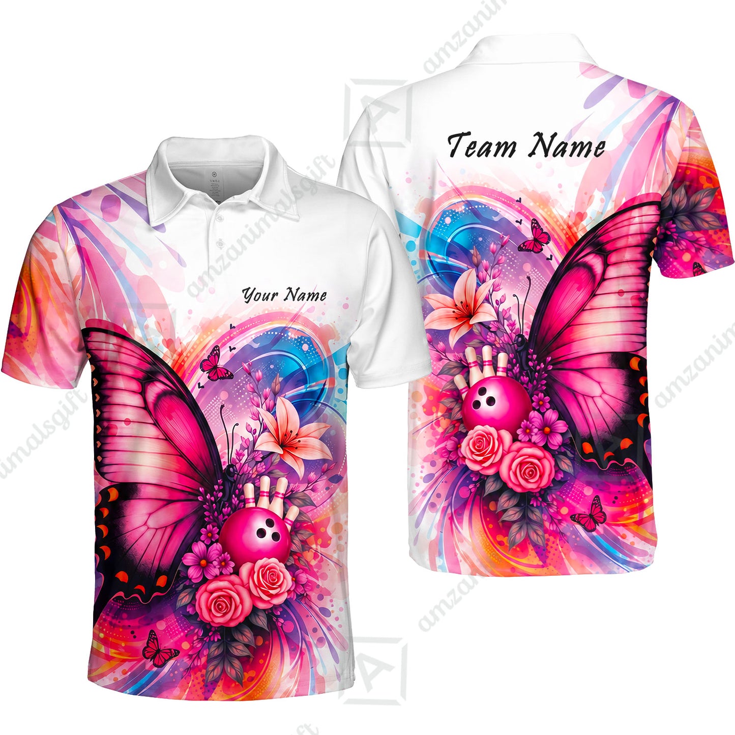 Custom Bowling Jersey Polo Shirt, Watercolor Pink Butterfly Bloom, Custom Bowling Jersey Team Shirt For Players With Name and Team Name