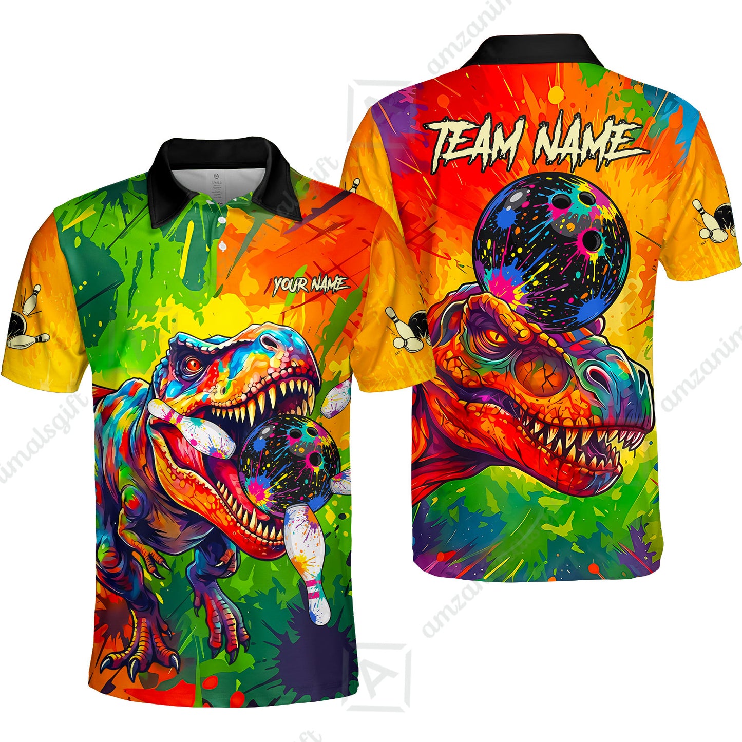 Custom Bowling Jersey Polo Shirt, Colorful Splatter T-Rex Dino, Custom Bowling Jersey Team Shirt For Players With Name and Team Name