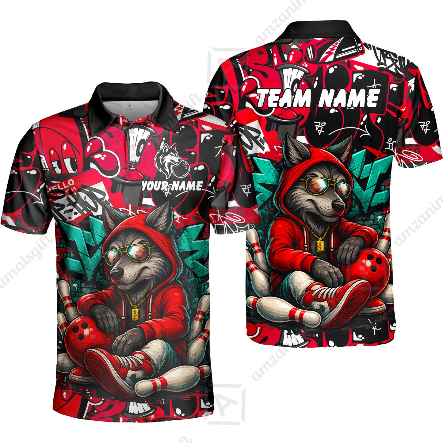 Custom Bowling Jersey Polo Shirt, Badass Wolf Mascot Bowling, Custom Bowling Jersey Team Shirt For Players With Name & Team Name