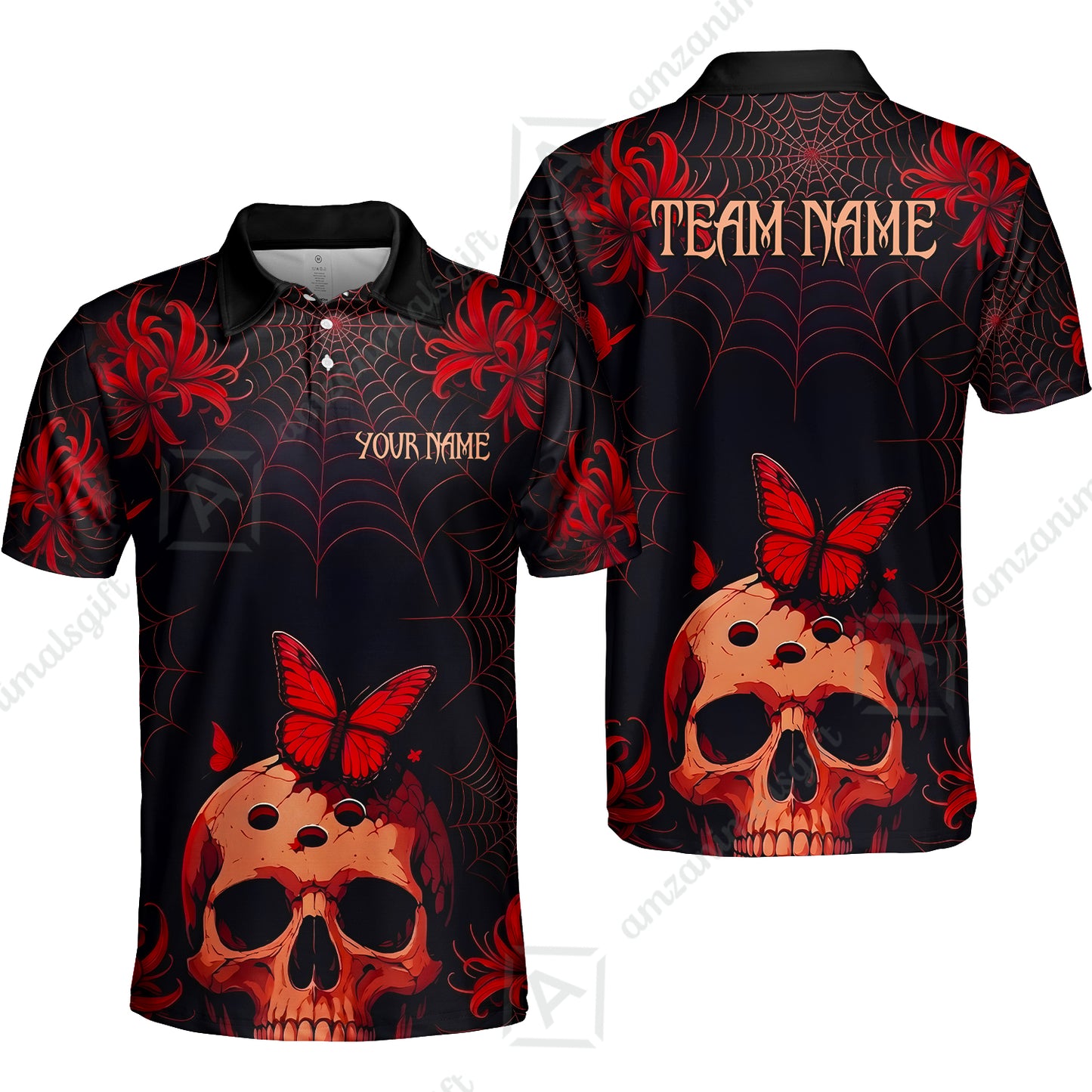 Customized Bowling Shirt, Bowling Skull Butterfly Spider Grid, Personalized Polo Shirt For Players With Name & Team Name