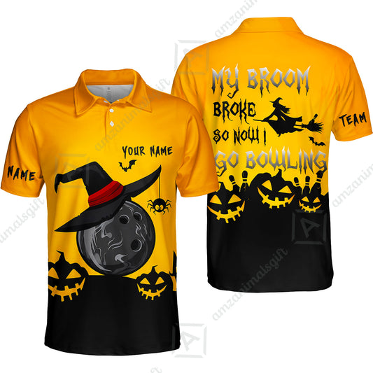 Custom Bowling Jersey Polo Shirt, Halloween My Broom Broke So Now I Go Bowling, Personalized Name And Team Name