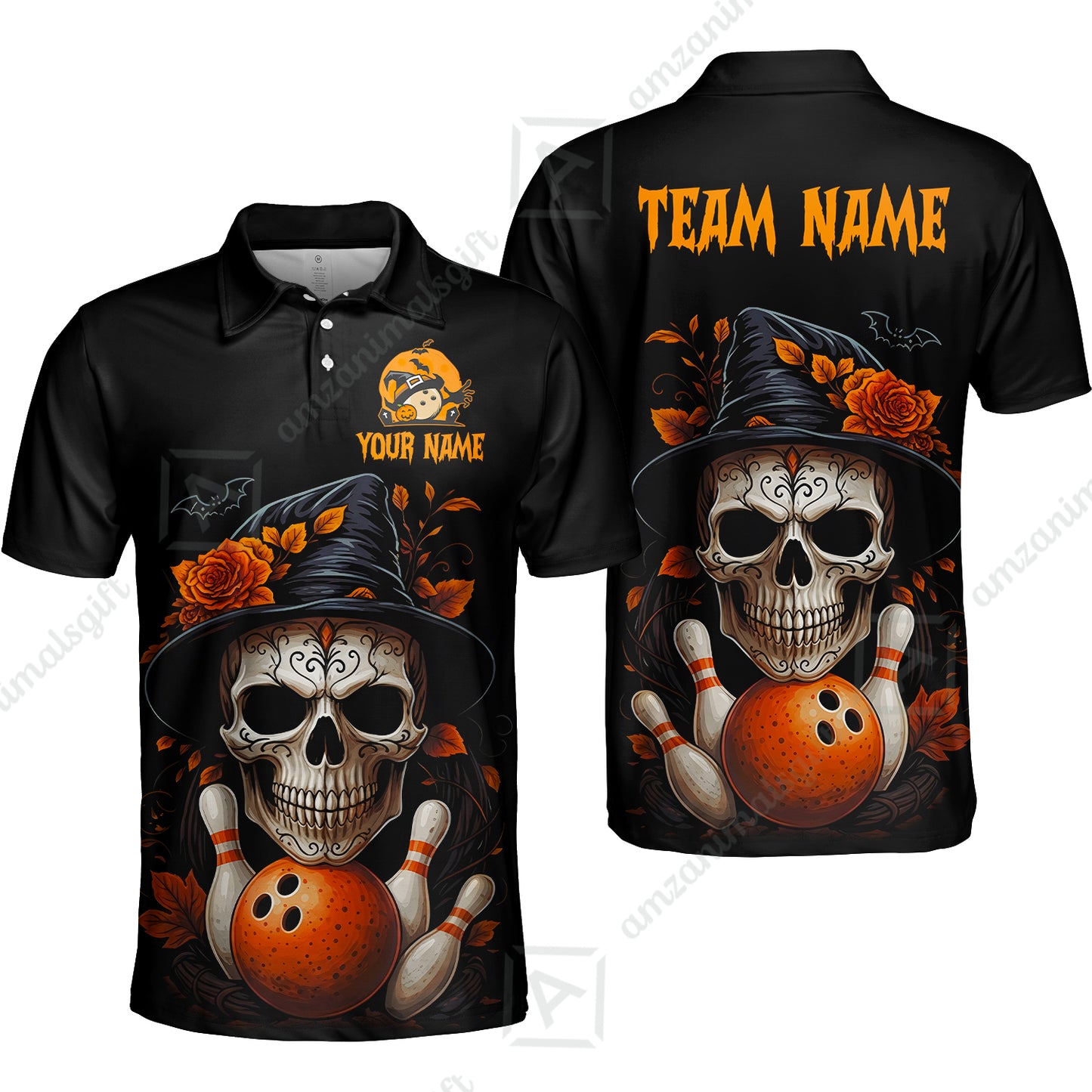 Customized Bowling Shirt, Halloween Skull Witch, Personalized Polo Shirt For Players With Name & Team Name