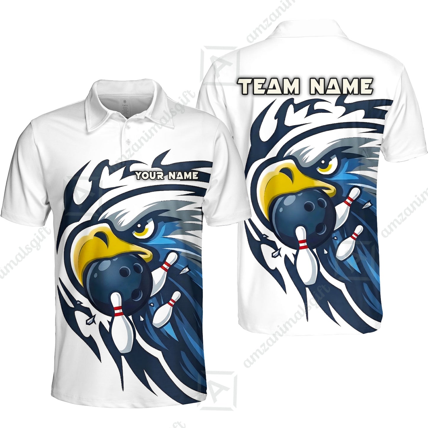 Custom Bowling Jersey Polo Shirt, Majestic Blue Eagle Mascot, Custom Bowling Jersey Team Shirt For Players With Name and Team Name