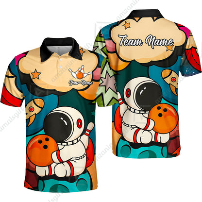 Custom Bowling Jersey Polo Shirt, Astronaut Bowling Galaxy Flight, Personalized Name And Team Name