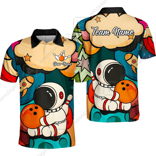 Custom Bowling Jersey Polo Shirt, Astronaut Bowling Galaxy Flight, Personalized Name And Team Name