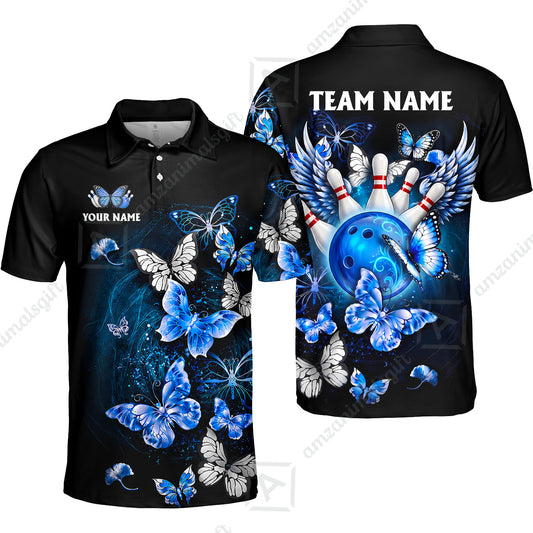 Custom Bowling Jersey Polo Shirt, Dreamy Nebula & Angelic Butterflies, Personalize Name and Team Name