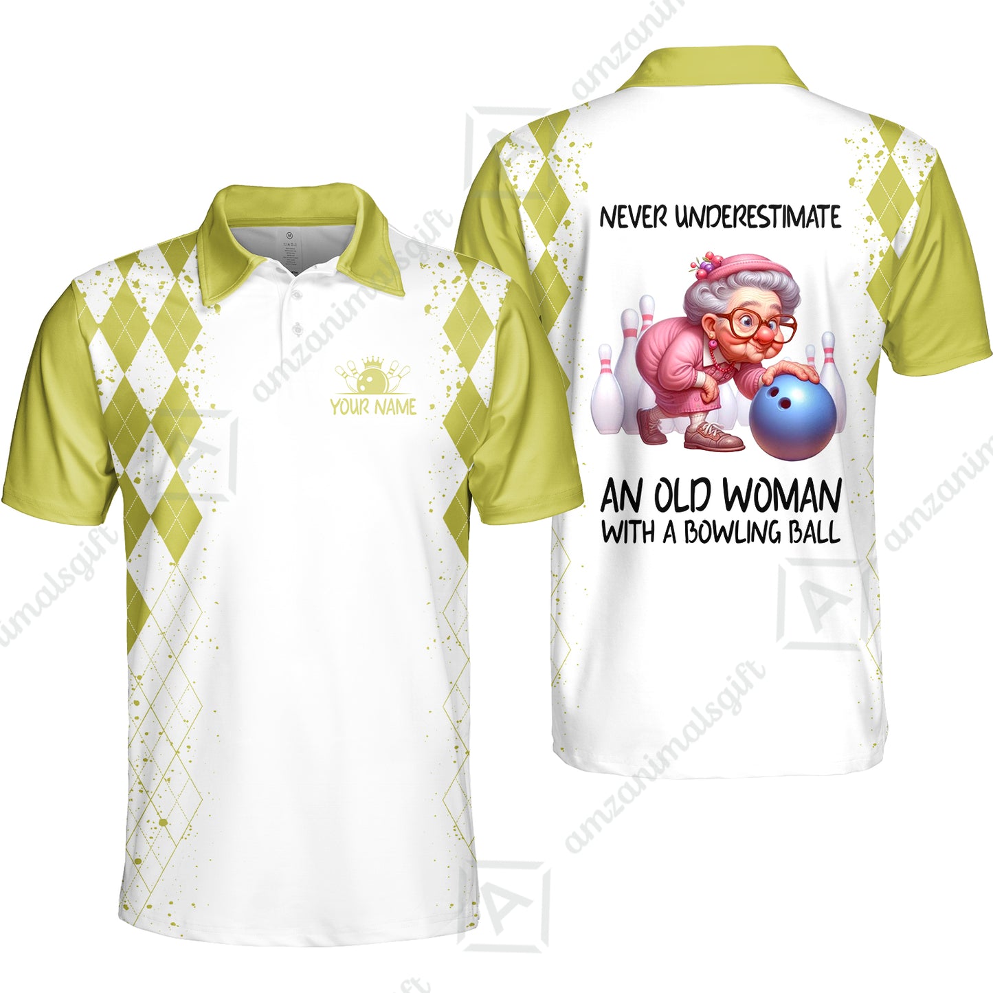 Custom Bowling Jersey Polo Shirt, Never Underestimate An Old Woman With A Bowling Ball, Personalized Name & Team Name
