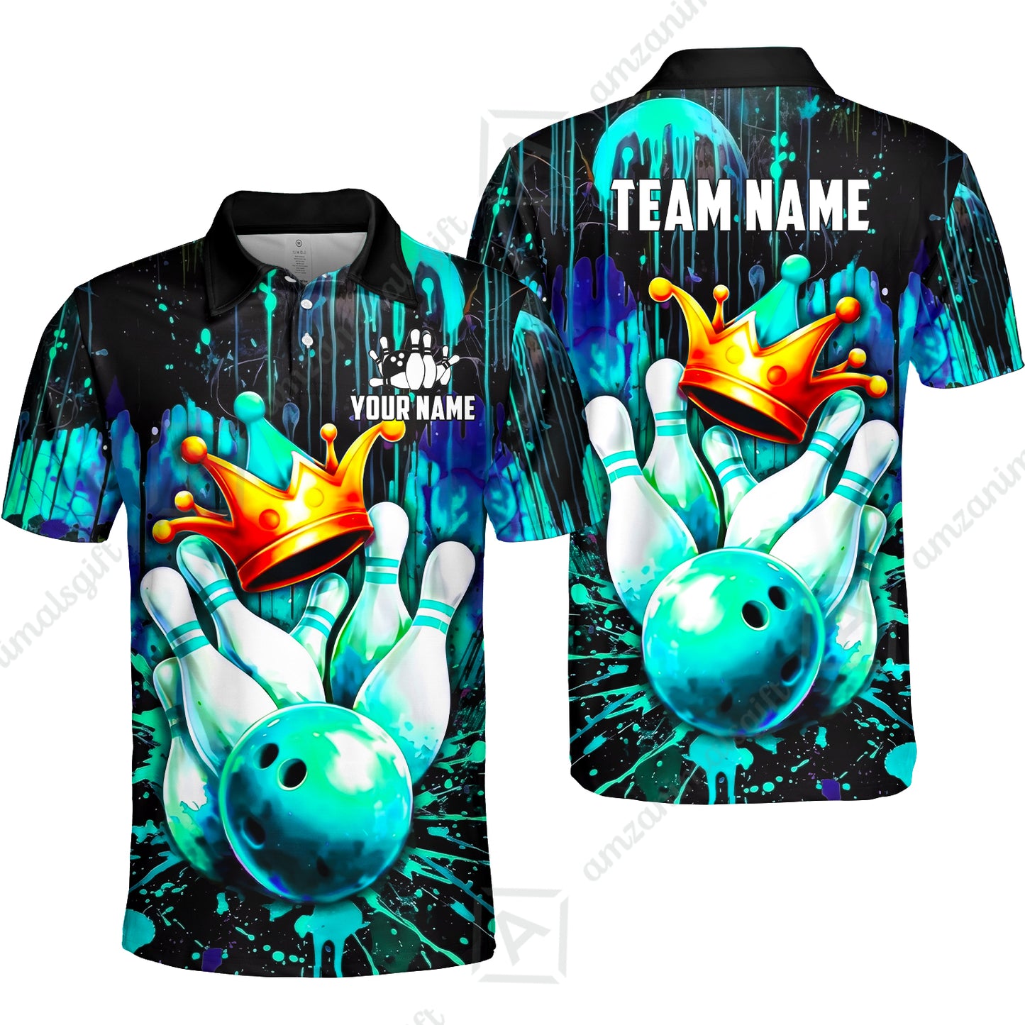 Custom Bowling Jersey Polo Shirt, Neon King Crown, Custom Bowling Jersey Team Shirt For Players With Name and Team Name