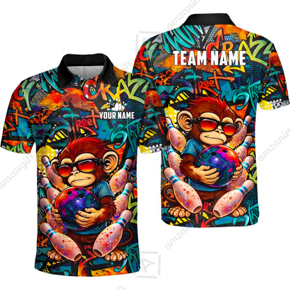 Custom Bowling Jersey Polo Shirt, Street Graffiti Funny Monkey Mascot, Custom Bowling Jersey Team Shirt For Players With Name & Team Name