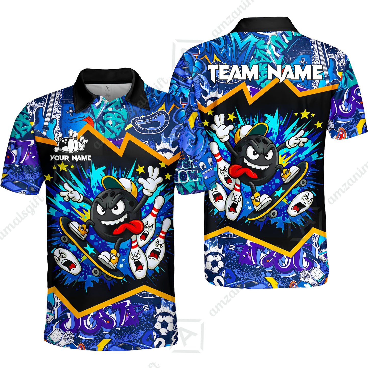 Customized Bowling Unisex Polo Shirt, Skater Bowling Ball Attack, Bowling Uniform, Personalized Name And Team Name