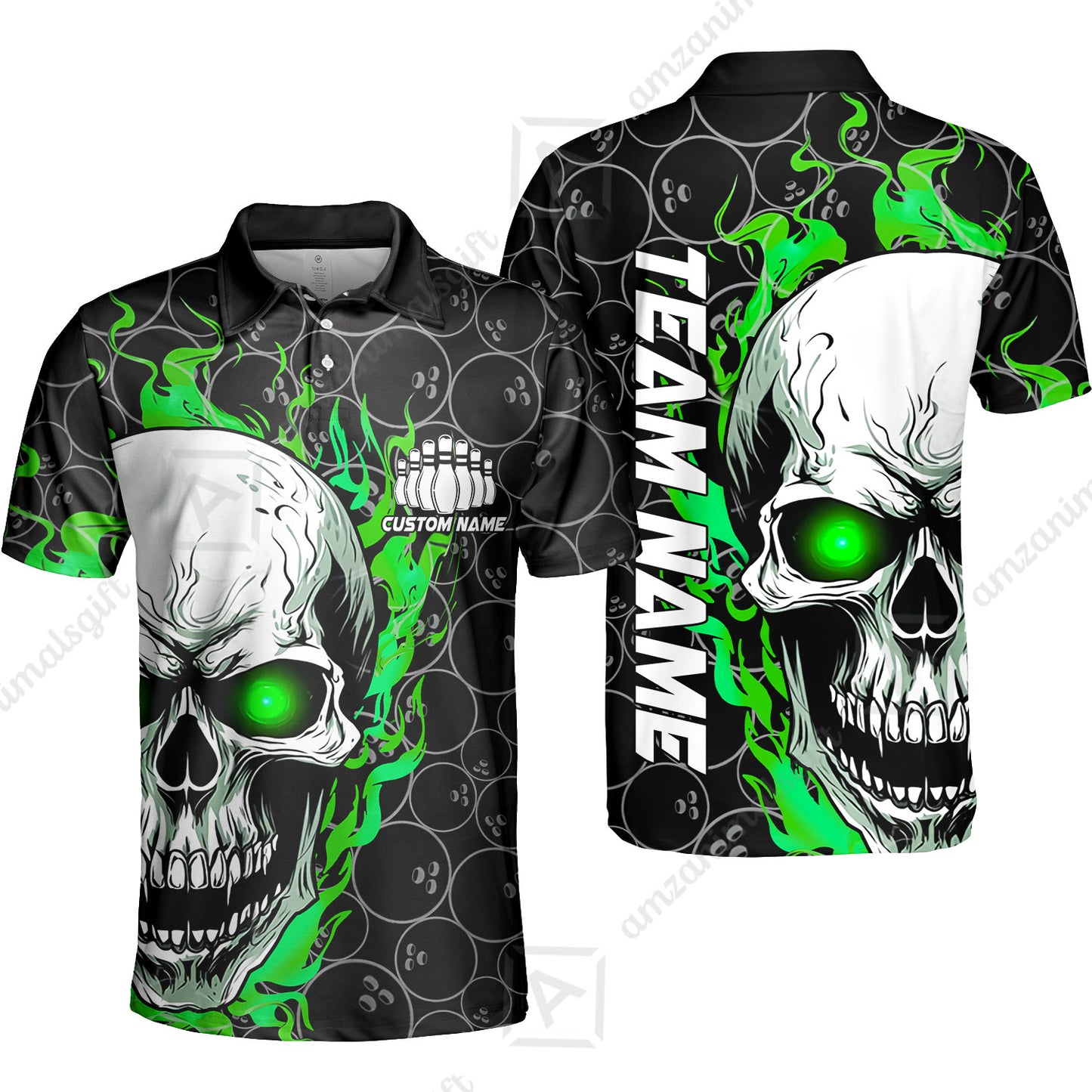 Personalized Bowling Unisex Polo Shirt, Green Flaming Skull Shirt For For Team Men Women Bowlers