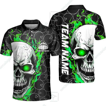 Personalized Bowling Unisex Polo Shirt, Green Flaming Skull Shirt For For Team Men Women Bowlers