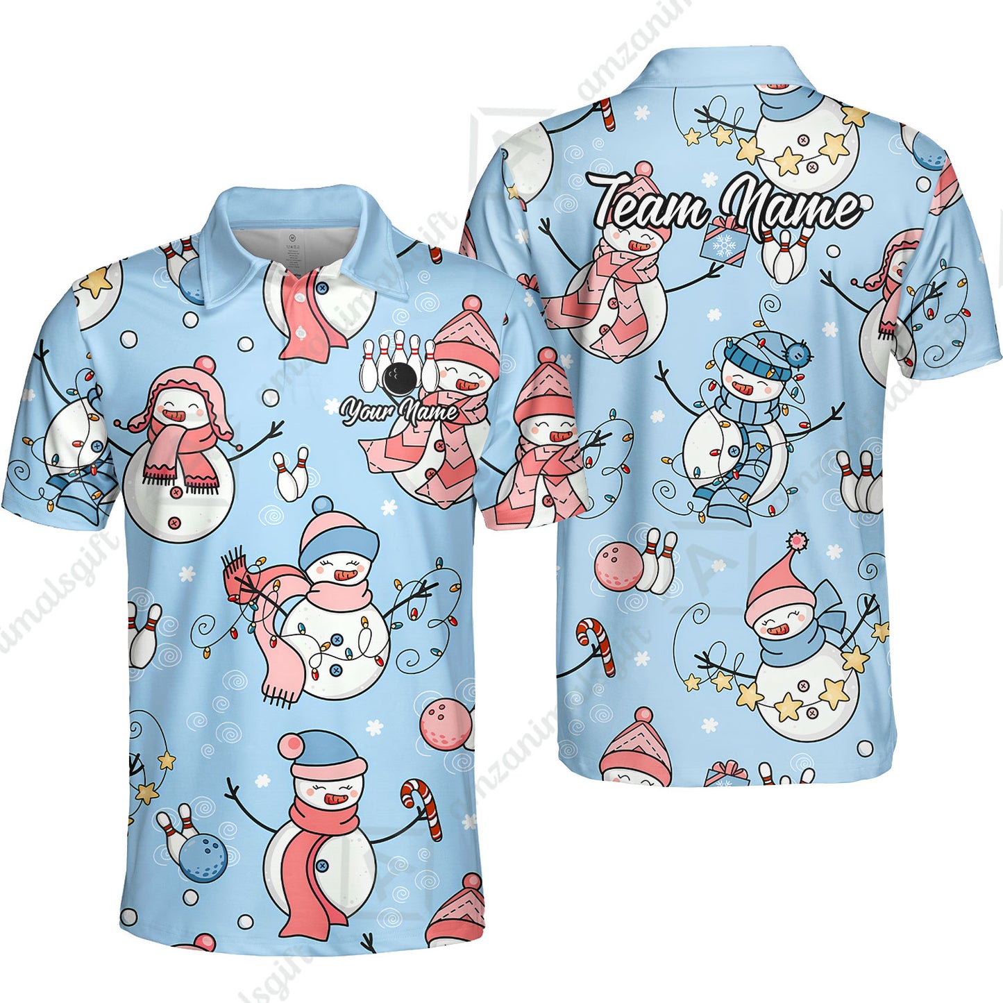 Custom Bowling Jersey Polo Shirt, Snowman Bowling Snowflower, Personalized Name And Team Name