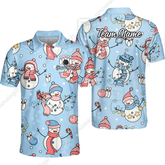 Custom Bowling Jersey Polo Shirt, Snowman Bowling Snowflower, Personalized Name And Team Name