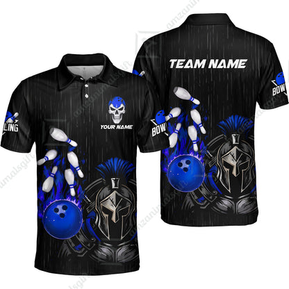 Custom Bowling Jersey Polo Shirt, Fire Bowling Knight Rain Skull Logo, Personalize Name & Team Name