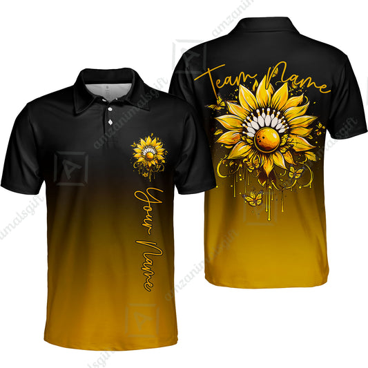 Custom Bowling Jersey Polo Shirt, Sunflower Bowling Pin Gradient Background, Custom Bowling Jersey Team Shirt For Players With Name and Team Name