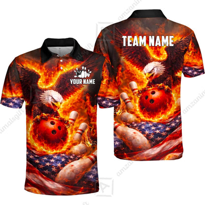 Custom Bowling Jersey Polo Shirt, Patriotic Blue Fire Eagle, Custom Bowling Jersey Team Shirt For Players With Name and Team Name