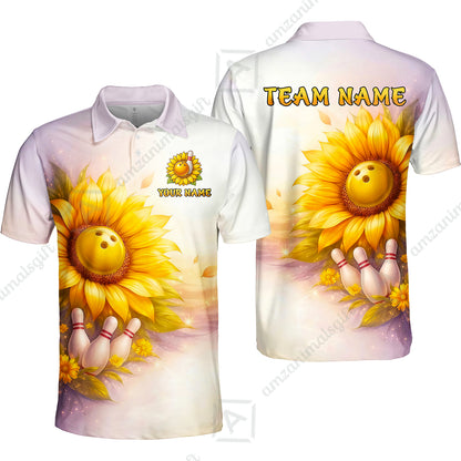 Custom Bowling Polo Shirt, Floral Sunflower Bowling Custom Bowling Polo Team Shirt For Players With Name & Team Name