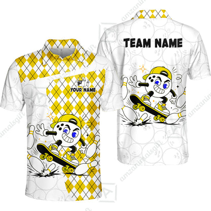Custom Bowling Jersey Polo Shirt, Skateboarder Bowling Ball Mascot, Custom Bowling Jersey Team Shirt For Players With Name and Team Name
