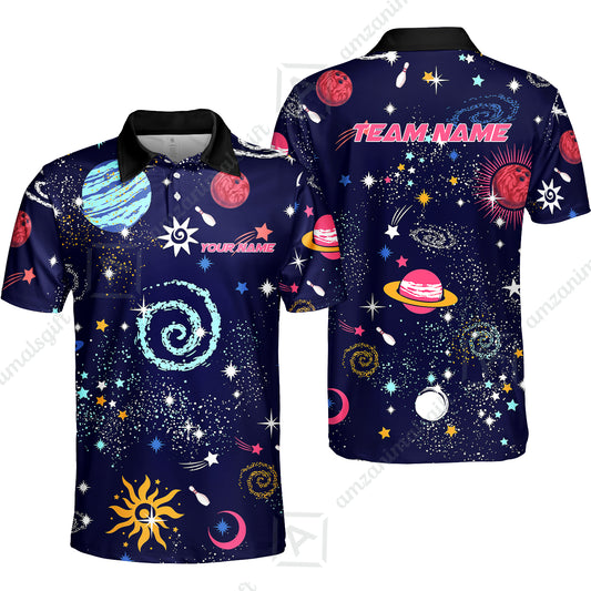 Custom Bowling Jersey Polo Shirt, Galaxy Pattern Shirt, Custom Bowling Jersey Team Shirt For Players With Name and Team Name