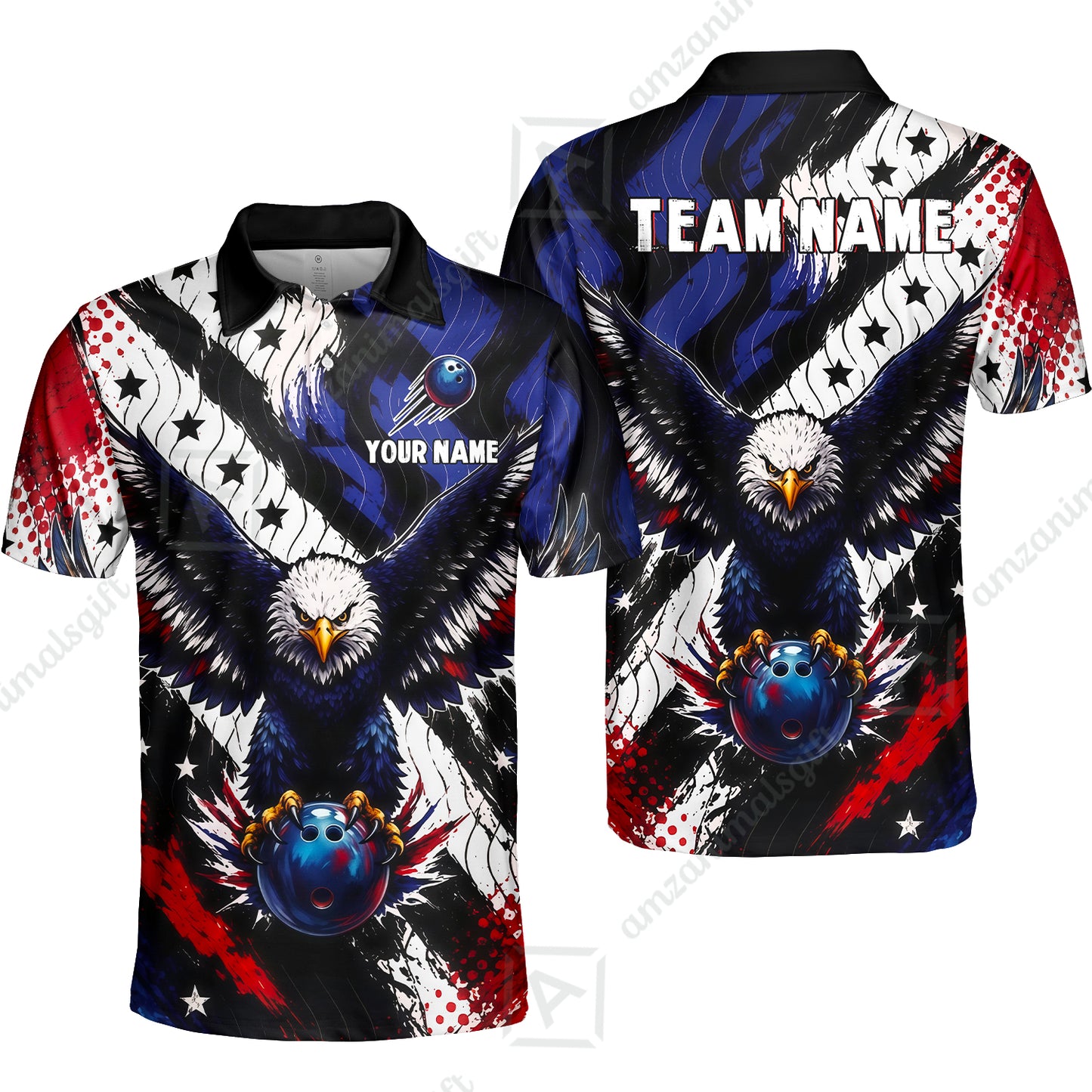 Custom Bowling Jersey Polo Shirt, American Flag And Eagle Hold Bowling Ball, Personalize Name and Team Name