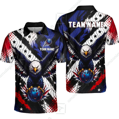 Custom Bowling Jersey Polo Shirt, American Flag And Eagle Hold Bowling Ball, Personalize Name and Team Name