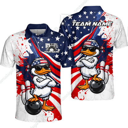 Custom Bowling Jersey Polo Shirt, Patriotic Cool Duckling Mascot, Custom Bowling Jersey Team Shirt For Players With Name and Team Name