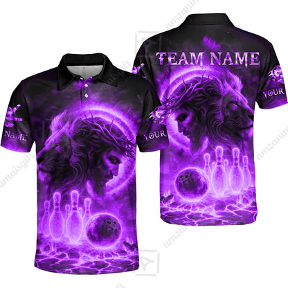 Custom Bowling Team Short Sleeve Men Polo Shirt, Flame The Lion OF Judah With Bowling, Custom Name and Team Name for Bowlers