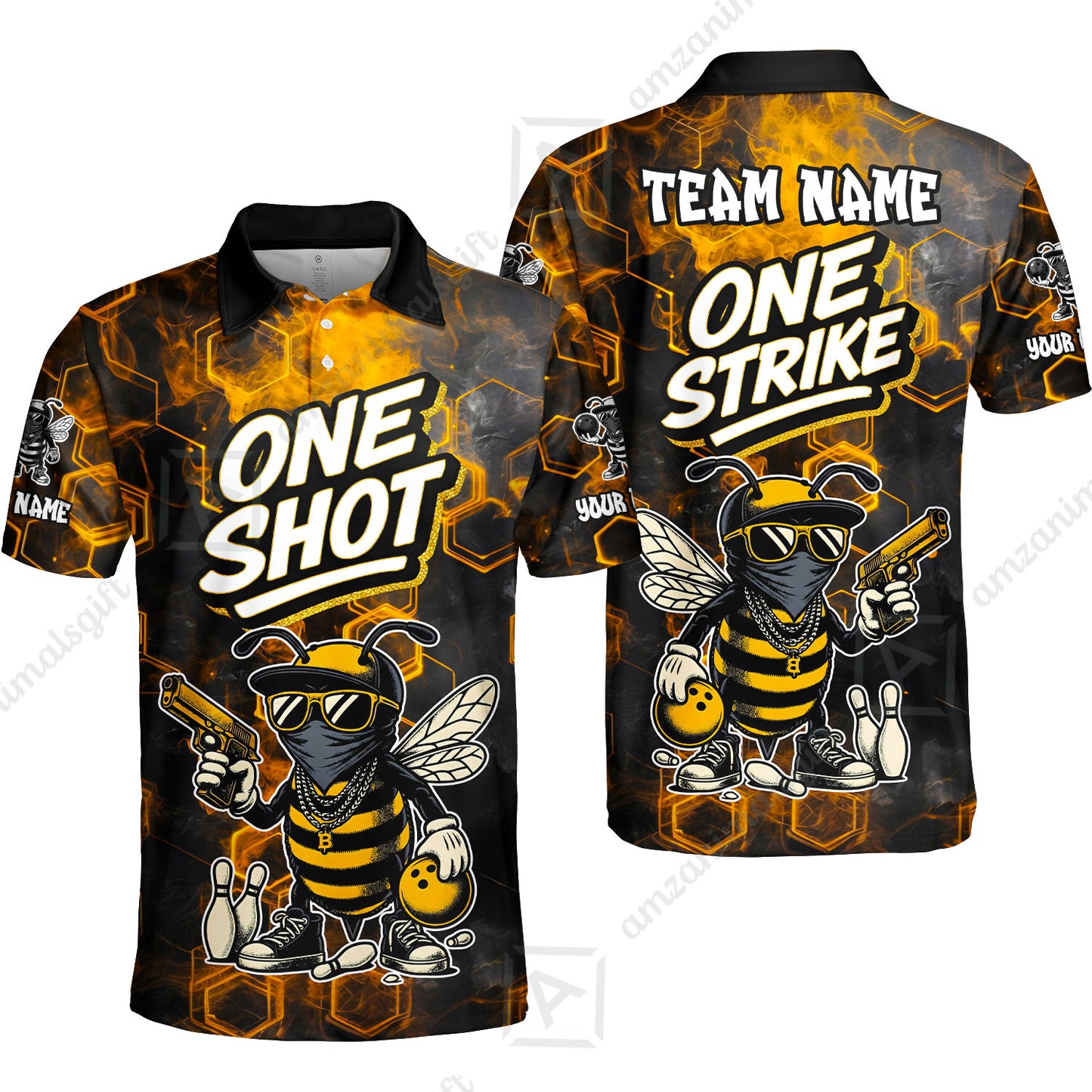 Customized Bowling Unisex Polo Shirt, One Shot HipHop Bee Bowling, Bowling Uniform - Personalized Name And Team Name