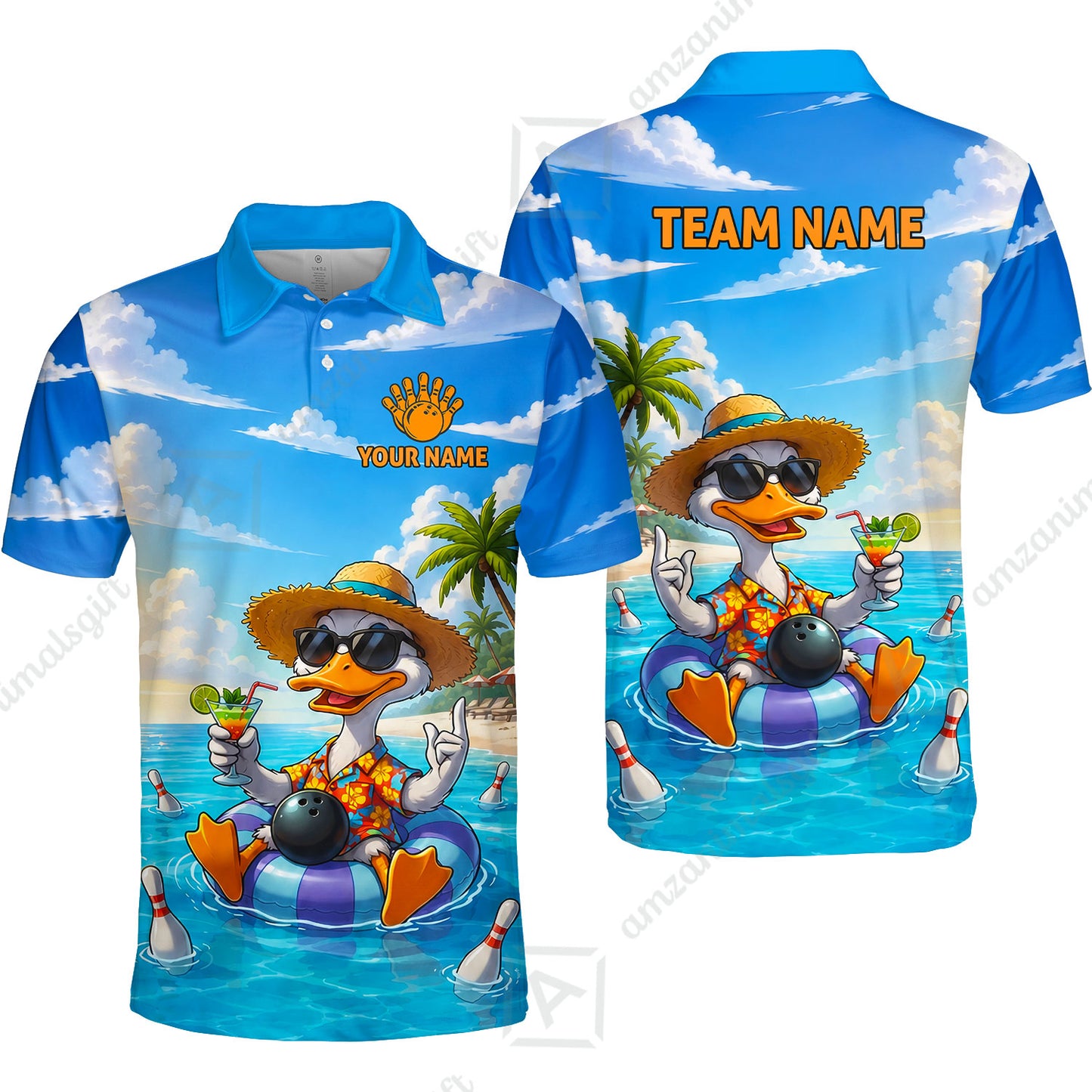 Custom Bowling Jersey Polo Shirt, Tropical Beach Duck Vacation Bowling, Custom Bowling Jersey Team Shirt For Players With Name and Team Name