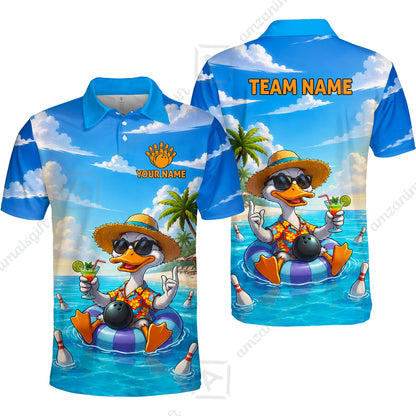 Custom Bowling Jersey Polo Shirt, Tropical Beach Duck Vacation Bowling, Custom Bowling Jersey Team Shirt For Players With Name and Team Name