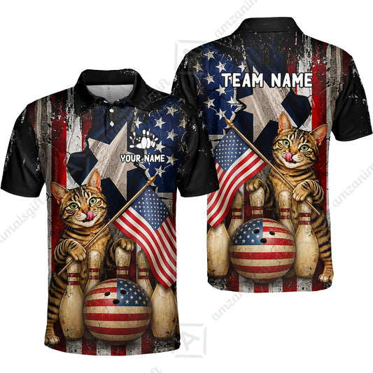 Custom Bowling Jersey Polo Shirt, American Flag and Alley Cats, Custom Bowling Jersey Team Shirt For Players With Name and Team Name