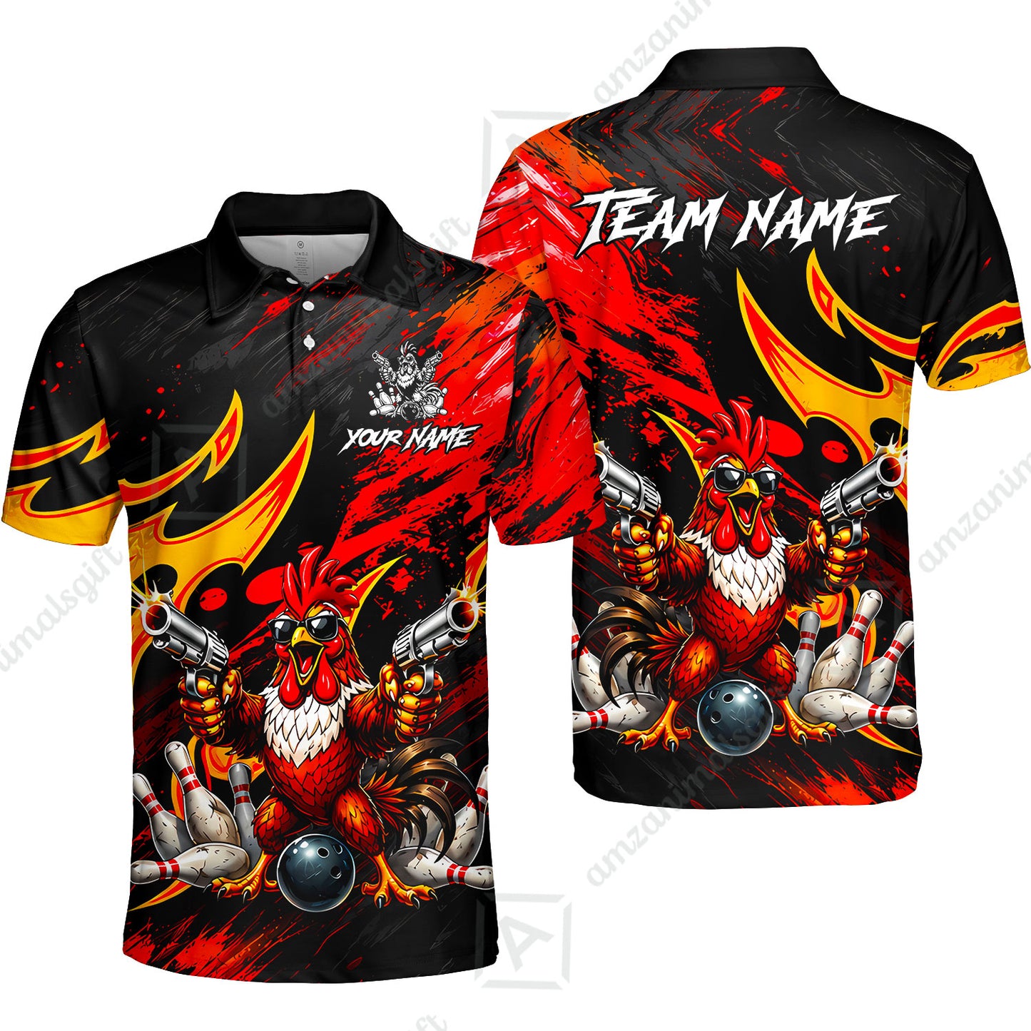 Custom Bowling Jersey Polo Shirt, Rooster With Gun, Custom Bowling Jersey Team Shirt For Players With Name and Team Name