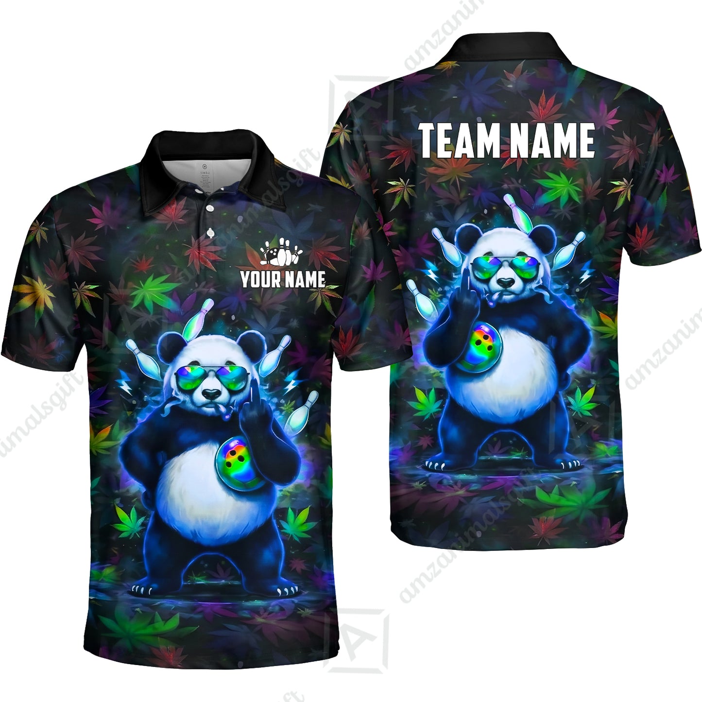 Custom Bowling Jersey Polo Shirt, Badass Stoner Panda & Psychedelic Leaves, Custom Bowling Jersey Team Shirt For Players With Name & Team Name