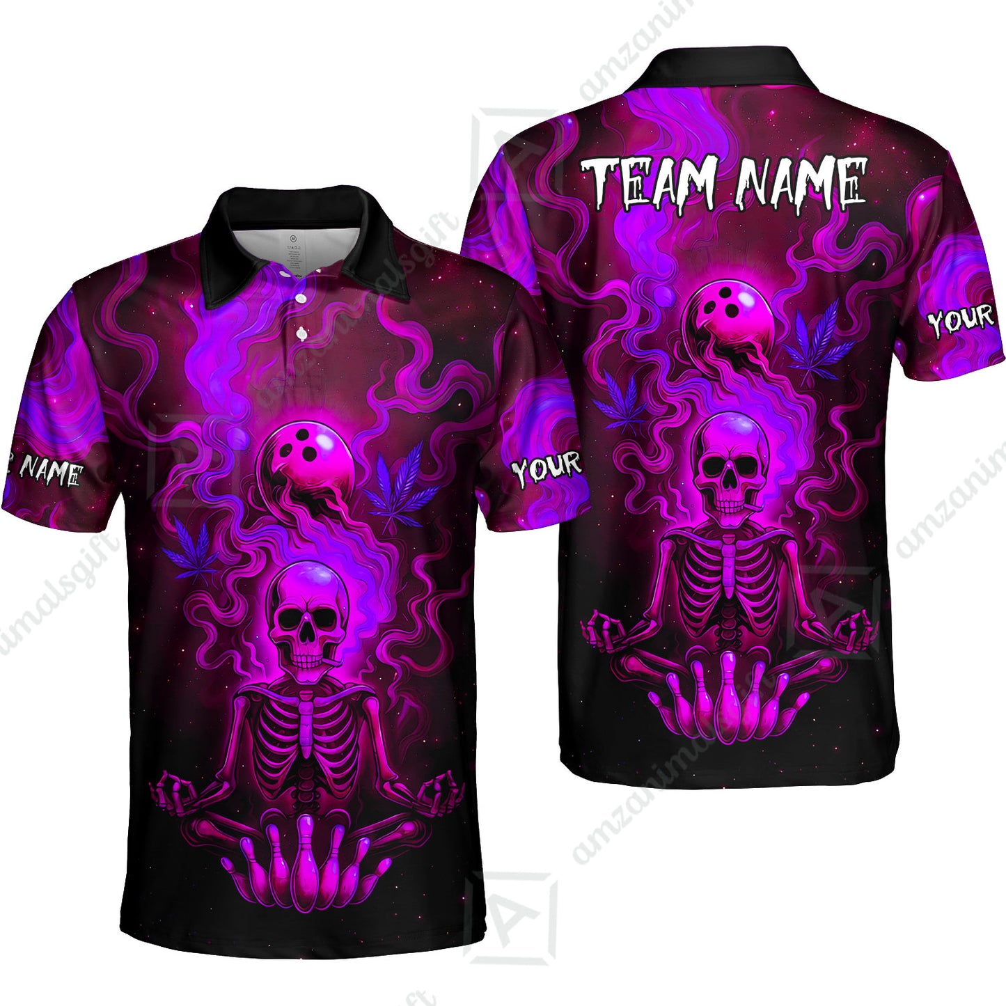 Custom Bowling Team Unisex Polo Shirt, Neon Skull CNB Bowling Custom Shirt Featuring Personalized Name and Team Name