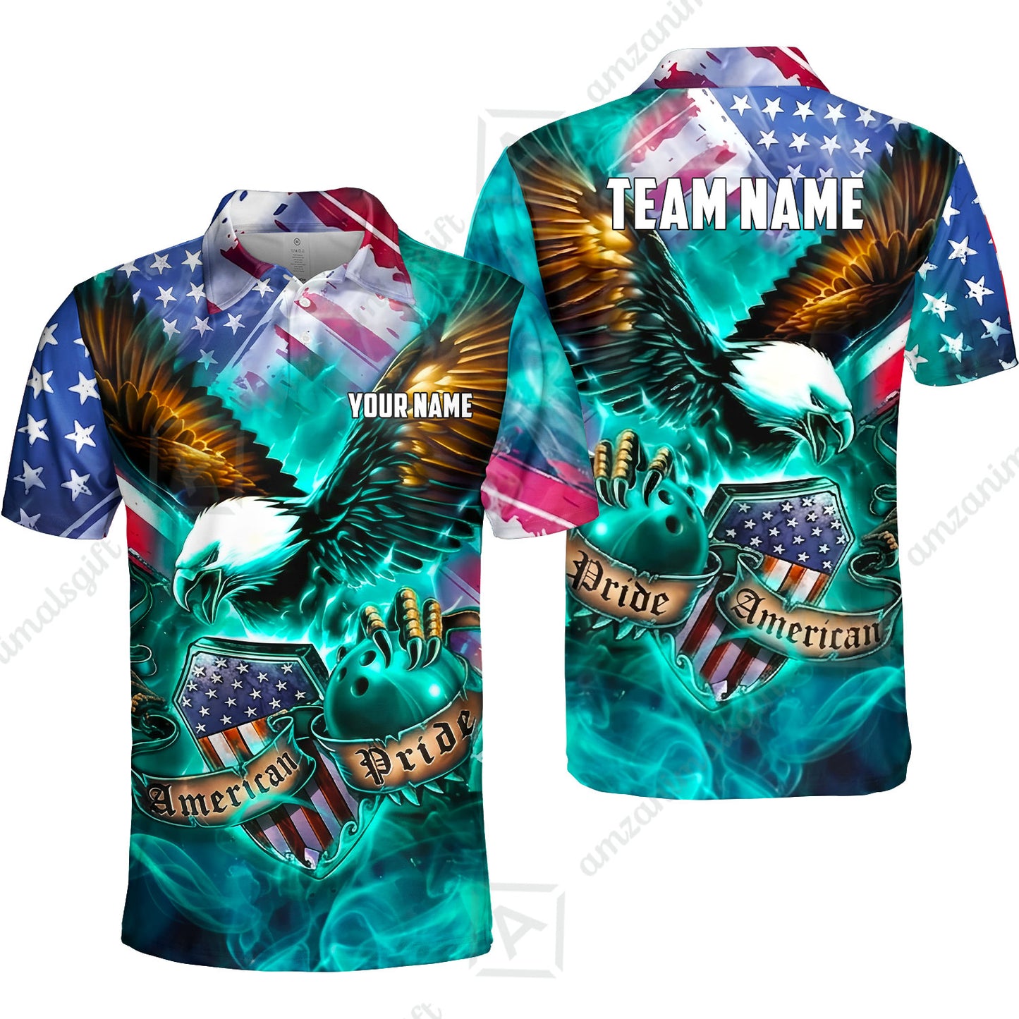 Custom Bowling Jersey Polo Shirt, American Pride Eagle, Personalized Name & Team Name