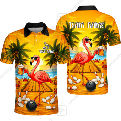 Customized Bowling Shirt, Beer & Flamingo Bowler Summer Vibe, Personalized Polo Shirt For Players With Name & Team Name