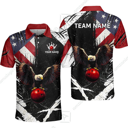 Custom Bowling Jersey Polo Shirt, Patriotic Bald Eagle Distressed American Flag Grunge, Custom Bowling Jersey Team Shirt For Players With Name & Team Name