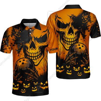 Custom Bowling Jersey Polo Shirt, Pumpkins Skull Halloween, Custom Bowling Jersey Team Shirt For Players With Name & Team Name