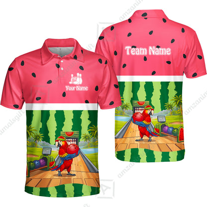 Custom Bowling Jersey Polo Shirt, Tropical Watermelon Parrot Macaw, Custom Bowling Jersey Team Shirt For Players With Name and Team Name