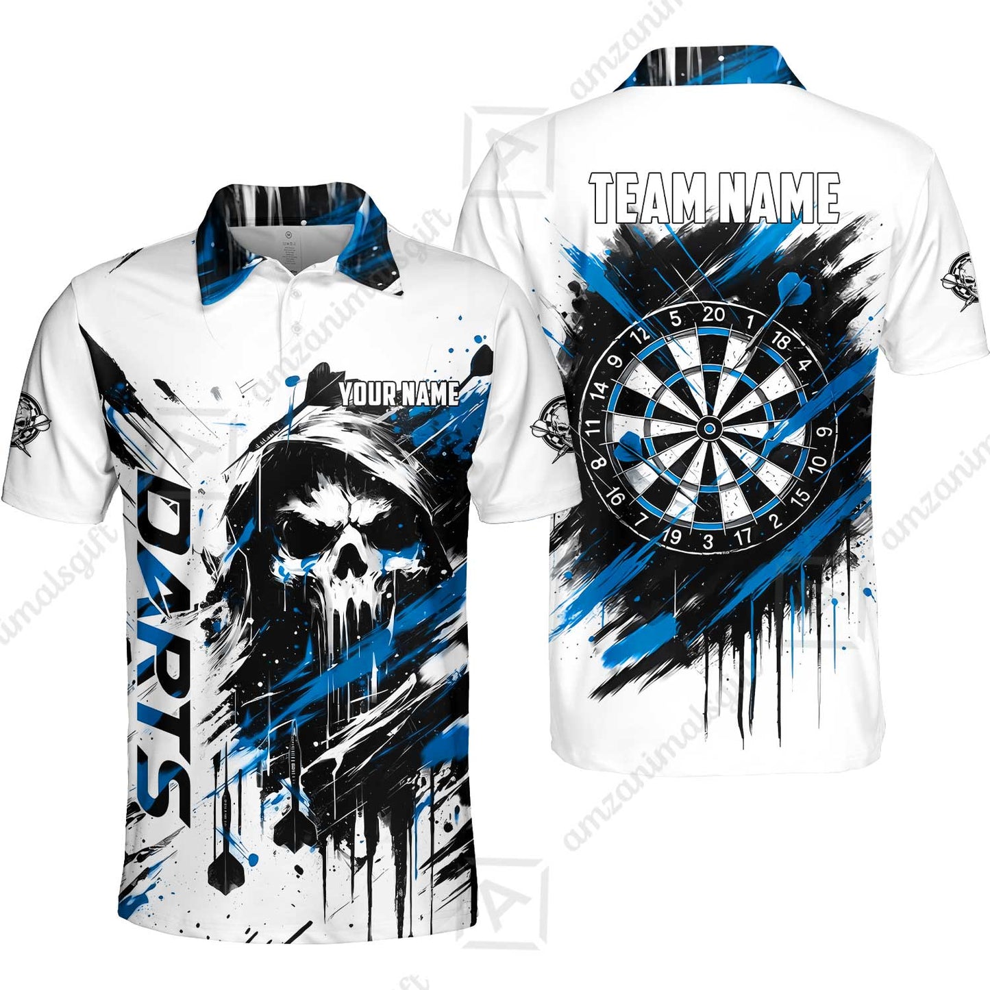 Custom Darts Jersey Polo Shirt, Grim Reaper Sketch Splatter, Custom Dart Jersey Team Shirt For Players With Name & Team Name