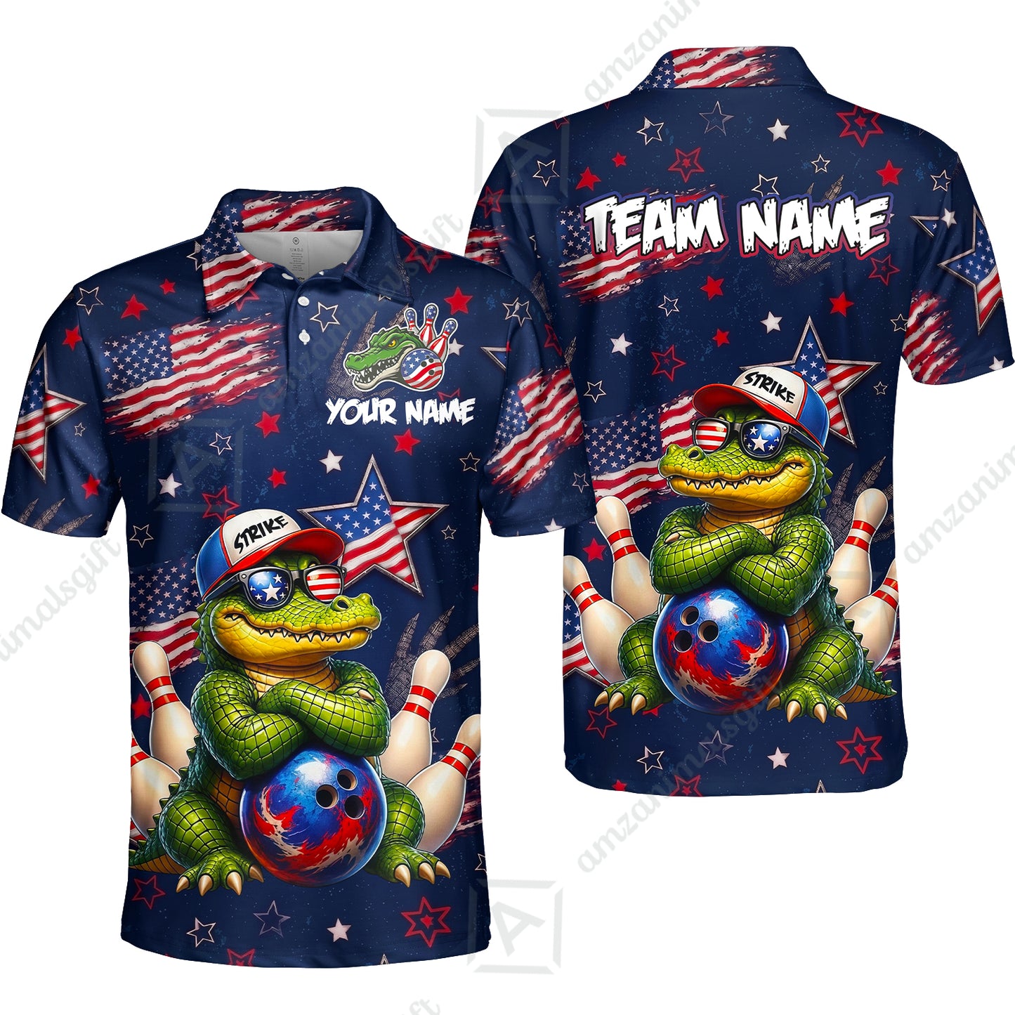 Custom Bowling Jersey Polo Shirt, Cool Patriotic Alligator Mascot, Custom Bowling Jersey Team Shirt For Players With Name and Team Name