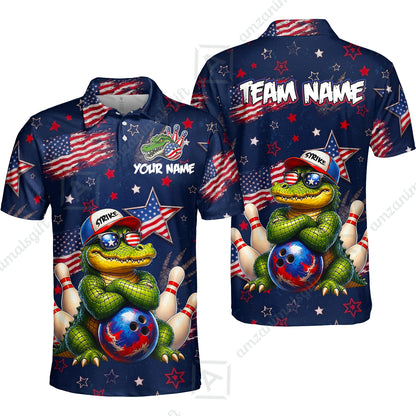 Custom Bowling Jersey Polo Shirt, Cool Patriotic Alligator Mascot, Custom Bowling Jersey Team Shirt For Players With Name and Team Name