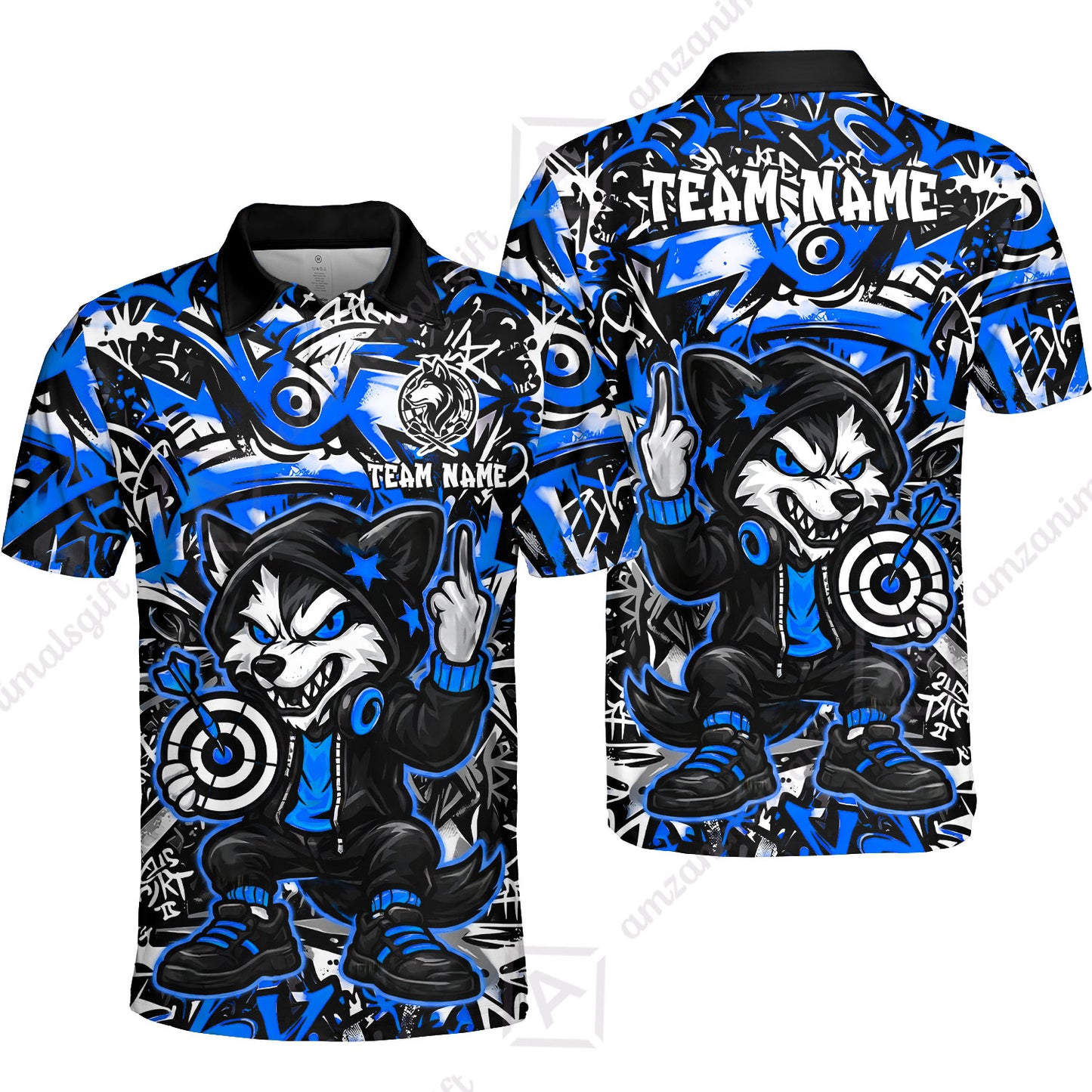 Customized Darts Team Uniform Shirt, Cool Cartoon Wolf With Dartboard, Personalized Name And Team Name