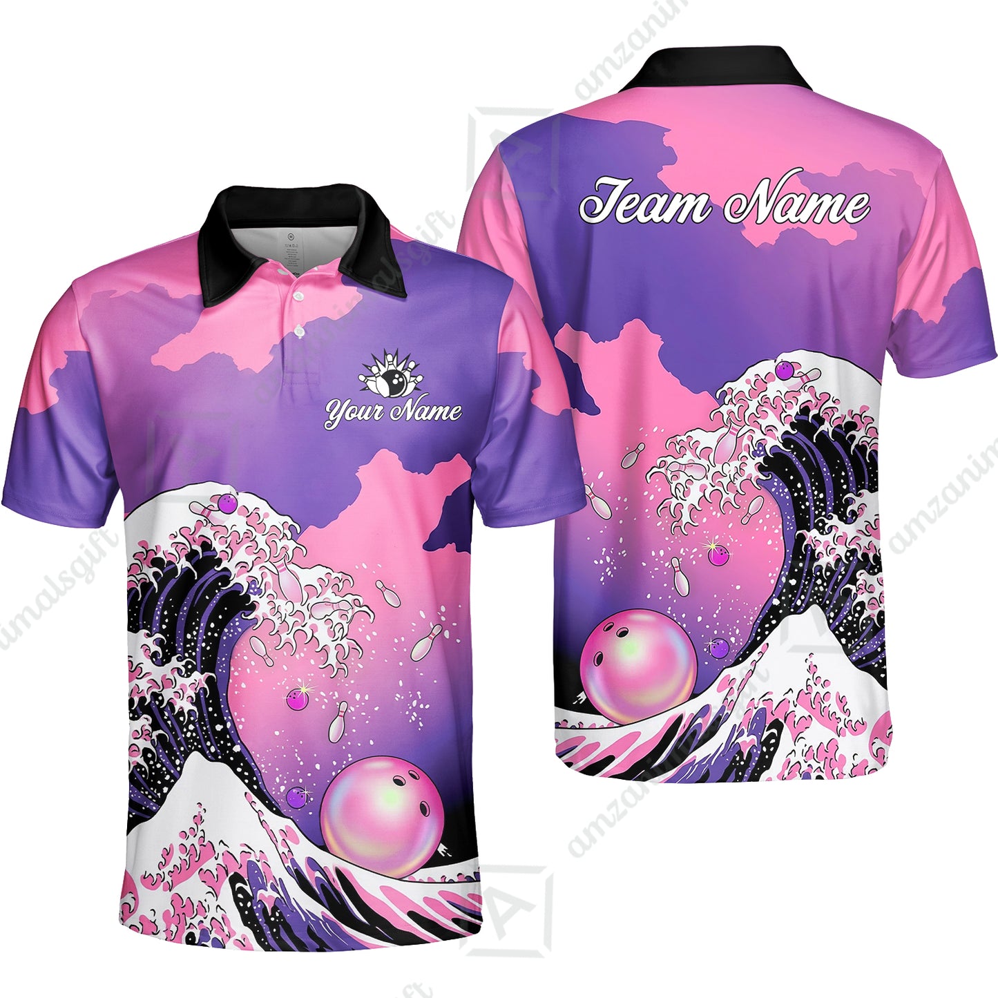 Custom Bowling Polo Shirt, Ocean Wave Bowling, Custom Bowling Polo Team Shirt For Players With Name & Team Name