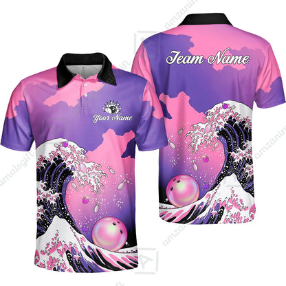 Custom Bowling Polo Shirt, Ocean Wave Bowling, Custom Bowling Polo Team Shirt For Players With Name & Team Name